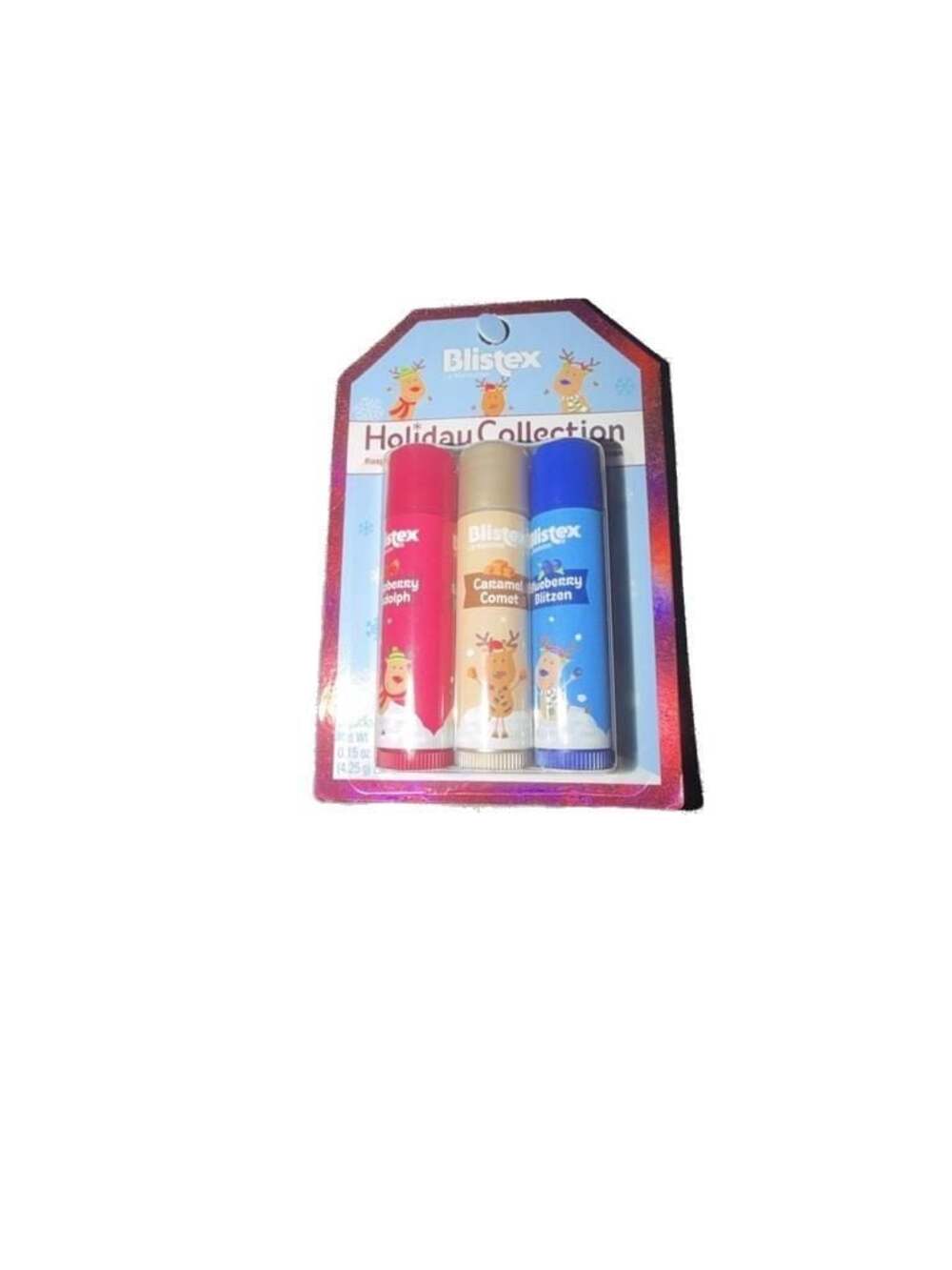 Blistex Holiday Collection raspberry Rudolph caramel comet and blueberry Blitzen